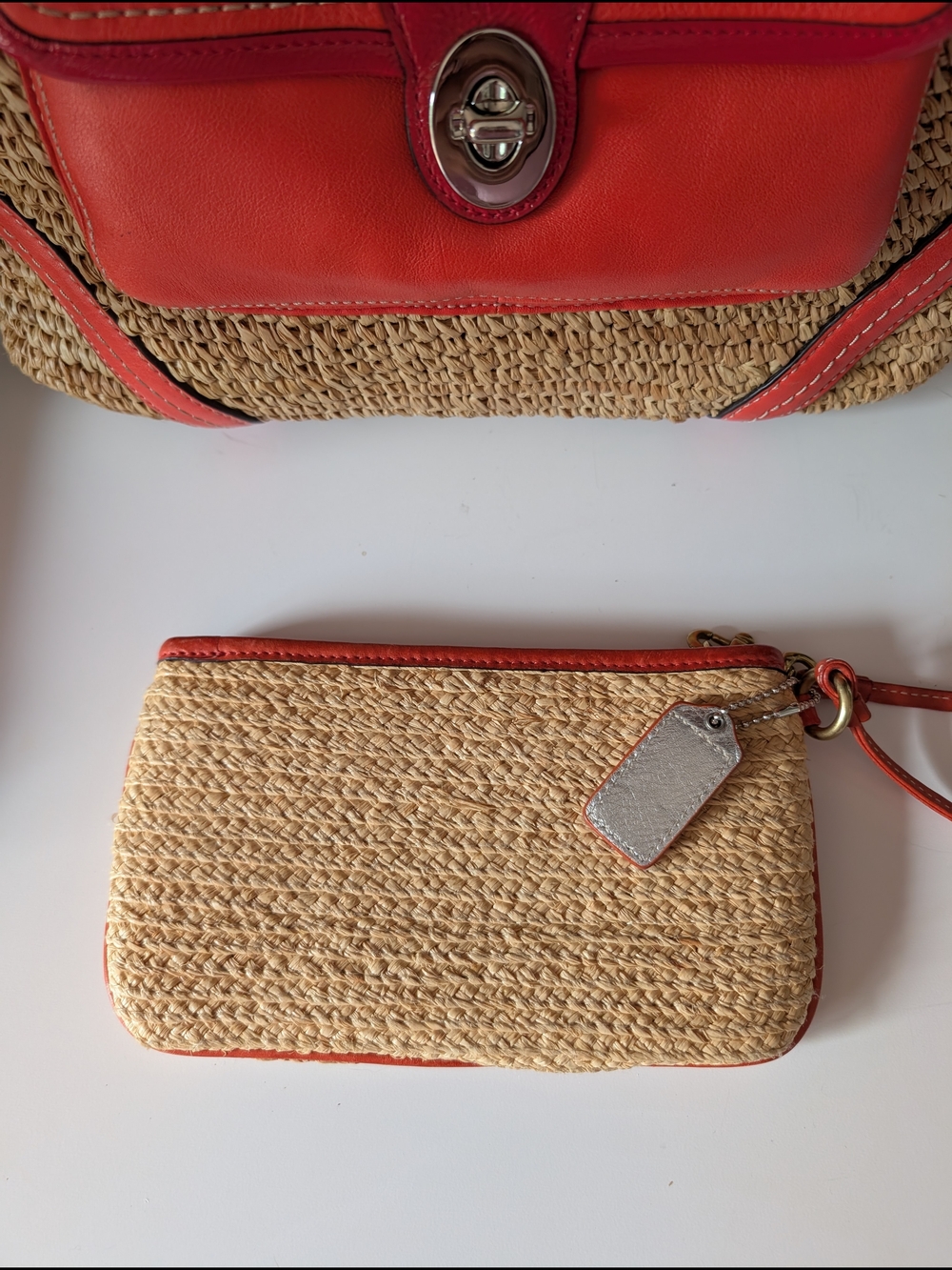 Coach Legacy Raffia Tote with Coral Leather Trim and Matching Wristlet - Picture 7 of 13